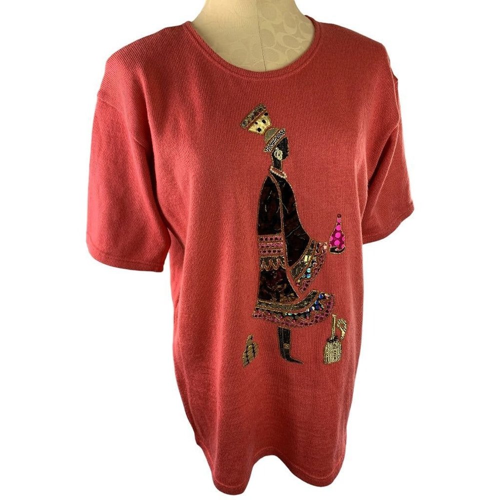 Medium Barbara J Designs Women's Beaded Sequin Graphic Sweater African Woman